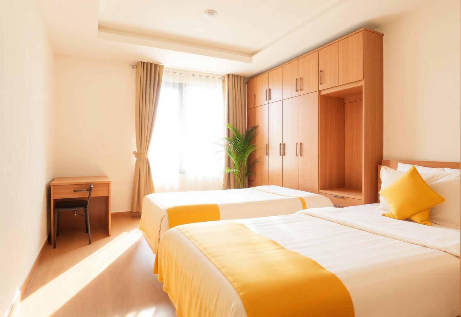 Bright, comfortable twin bedroom at Vrinda Girls PG in Laxmi Nagar Delhi